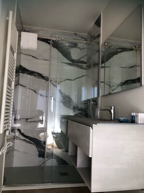 A modern bathroom with a glass shower enclosure, a white sink, and a large mirror.