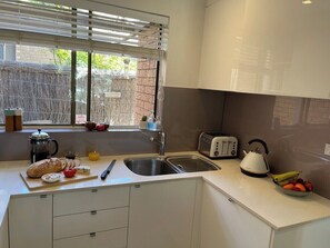 Eine moderne Küche mit Spüle, Toaster, Wasserkocher und Obstschale.