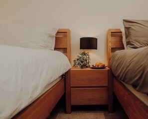 A bedroom with two wooden beds, a nightstand with a lamp, and a small plant.