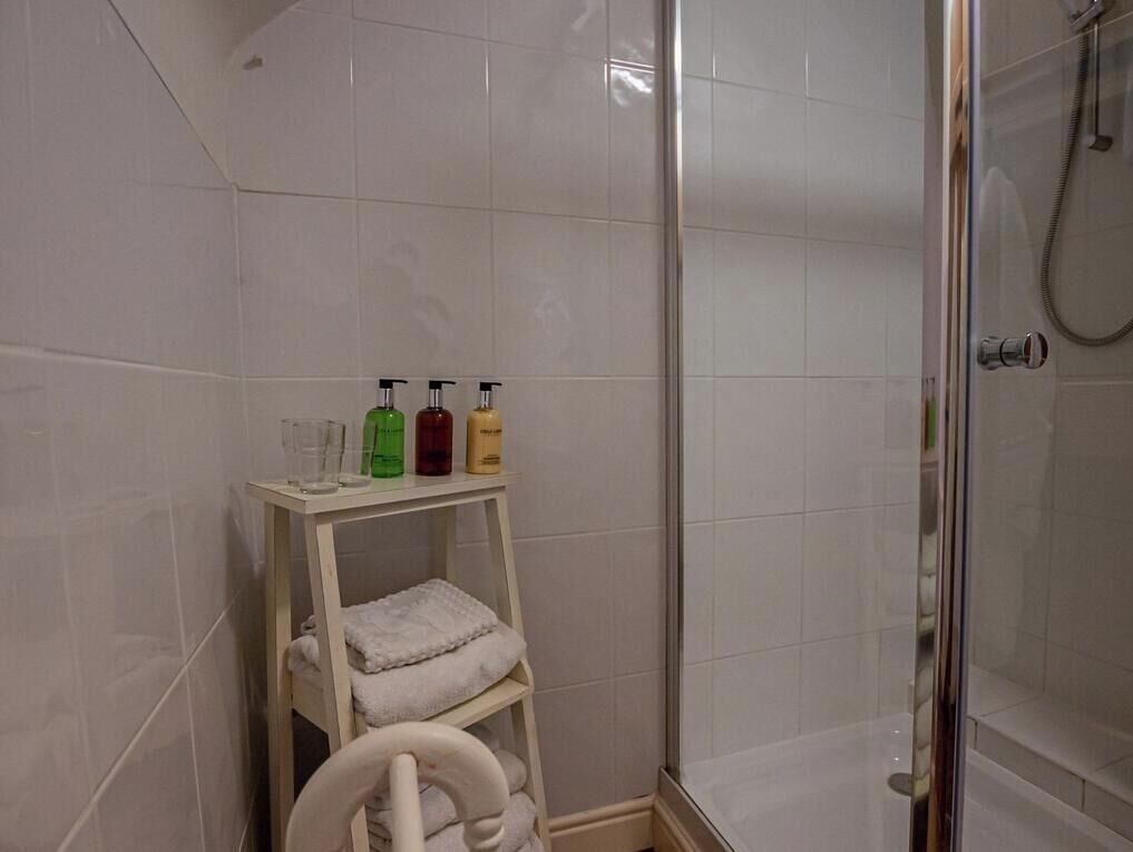 Shower, hair dryer, towels, shampoo