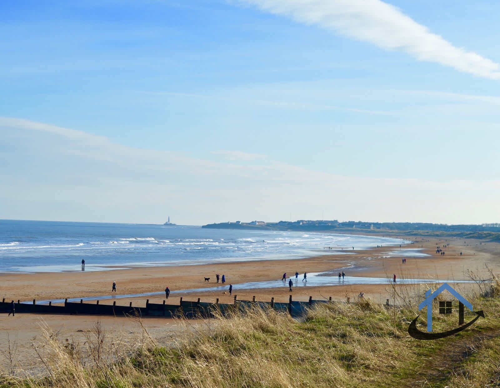 A beach with a lighthouse in the distance, a grassy area in the foreground, and a clear sky.