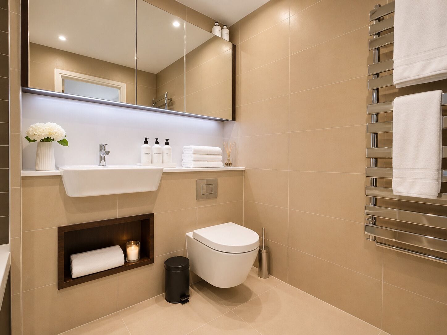 A modern bathroom with a sink, mirror, toilet, and towel rack.