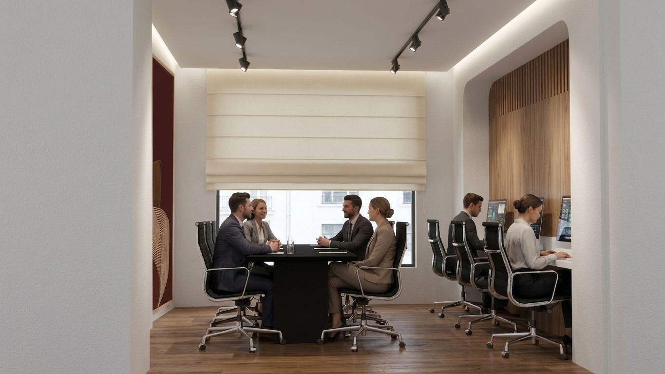 Un salón de conferencias con una mesa larga, sillas y un ventanal grande.