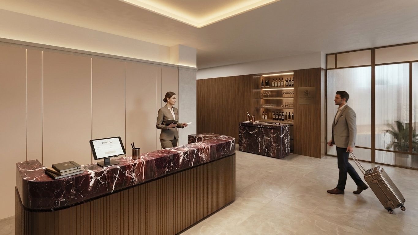 Un moderno vestíbulo de hotel con un mostrador de recepción, una zona de registro y una barra.