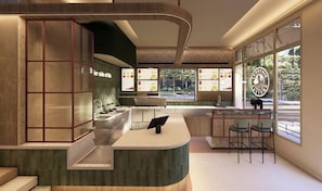 A modern bar area with a curved counter, seating, and a menu display. - Leonardo Boutique Hotel Venetian Nicosia (Nicosia)