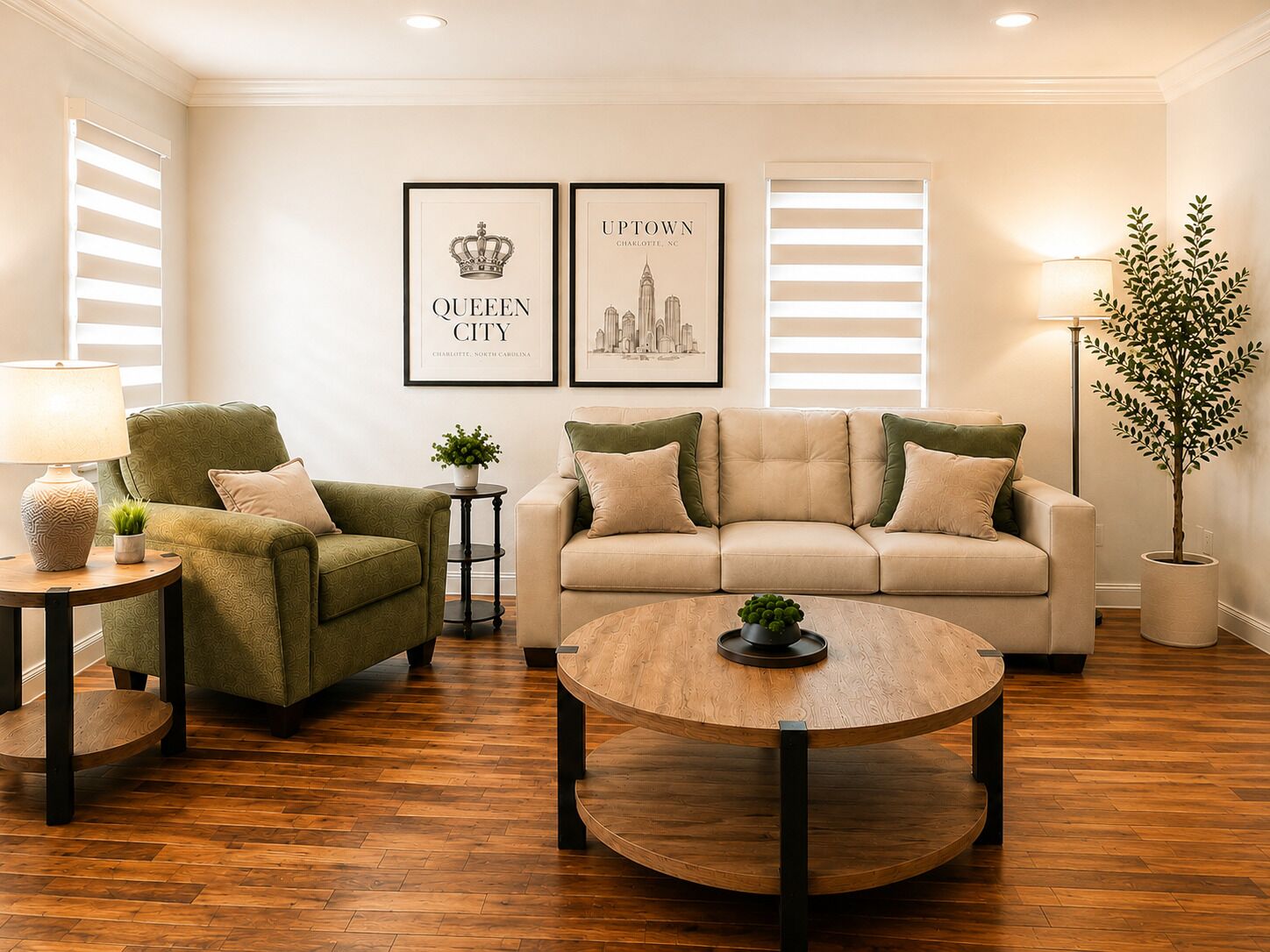 A living room with a green armchair, a beige sofa, a round wooden coffee table, and two framed pictures on the wall.