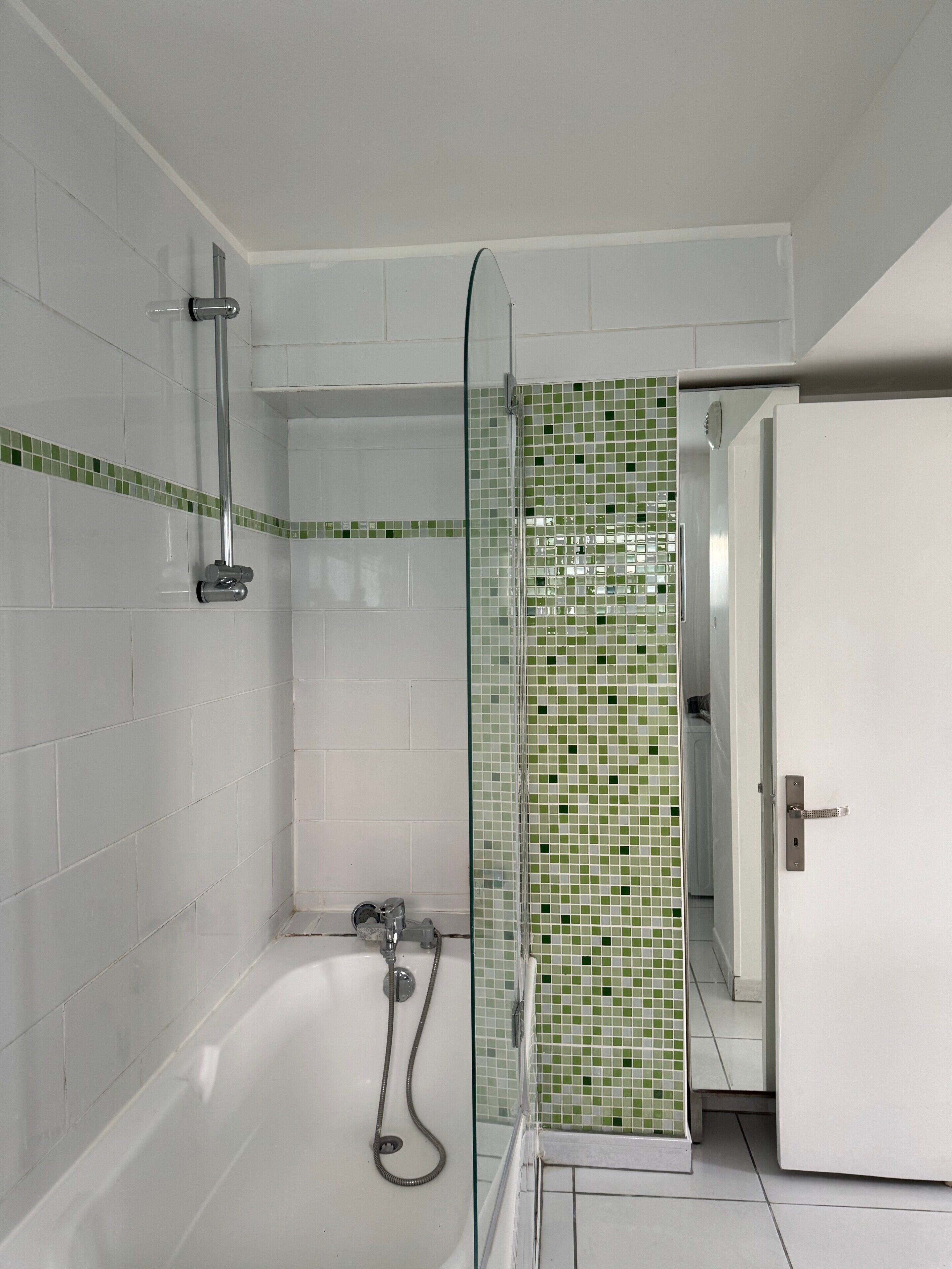 A bathroom with a glass shower enclosure, a bathtub, and a white door.