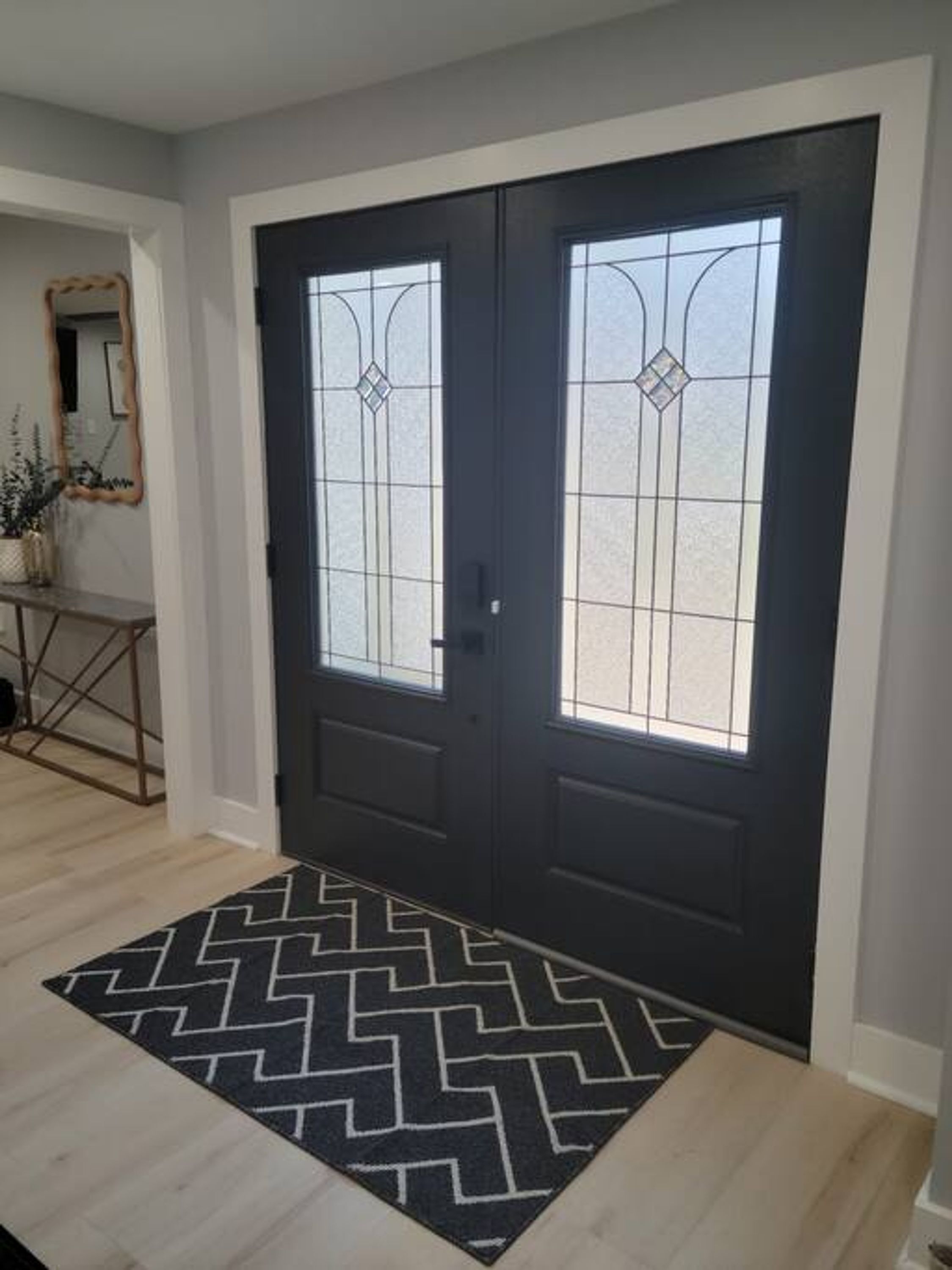 A double door with glass panels and a geometric patterned rug in front.