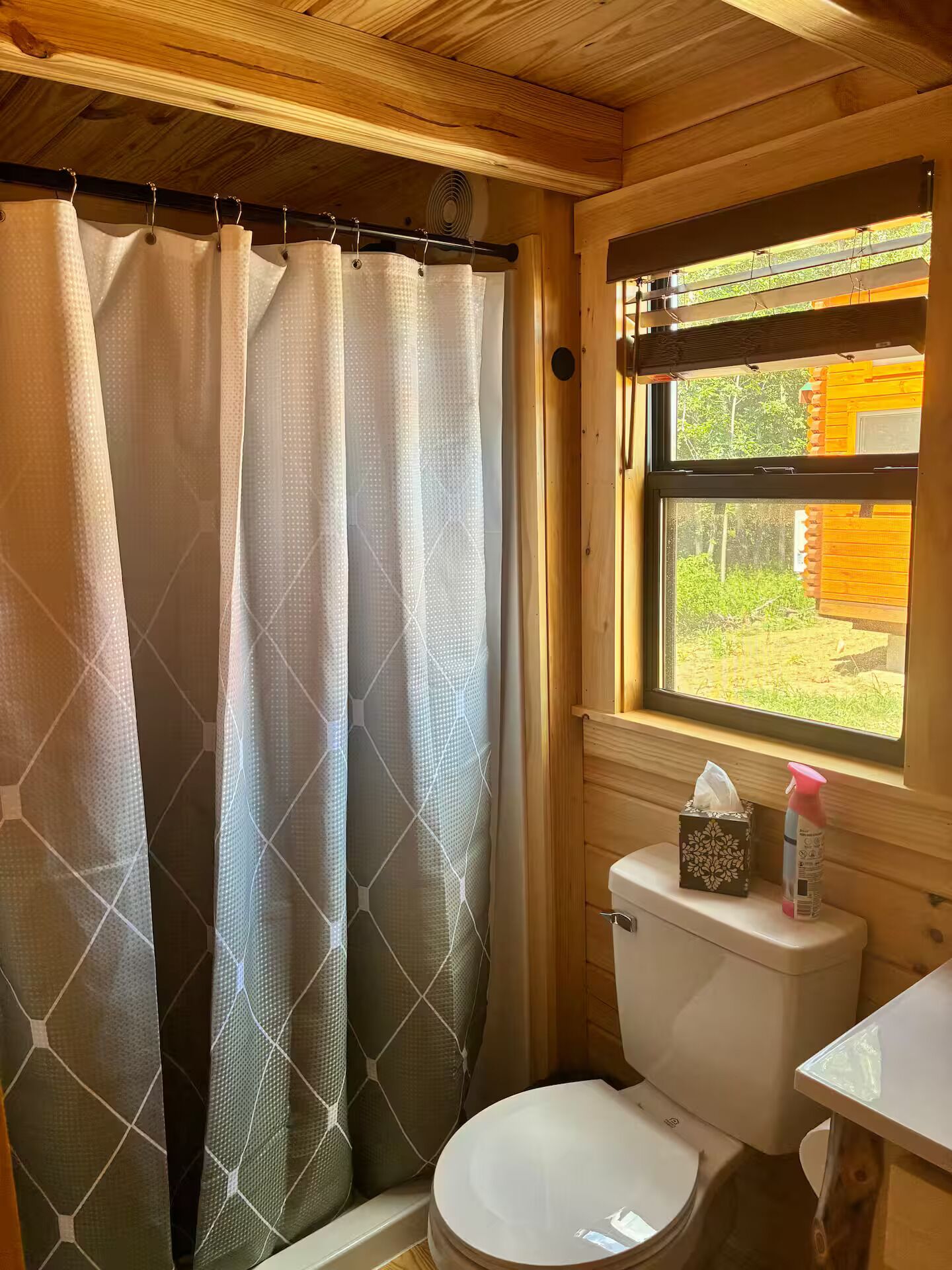 A bathroom with a toilet, a window, and a shower curtain.