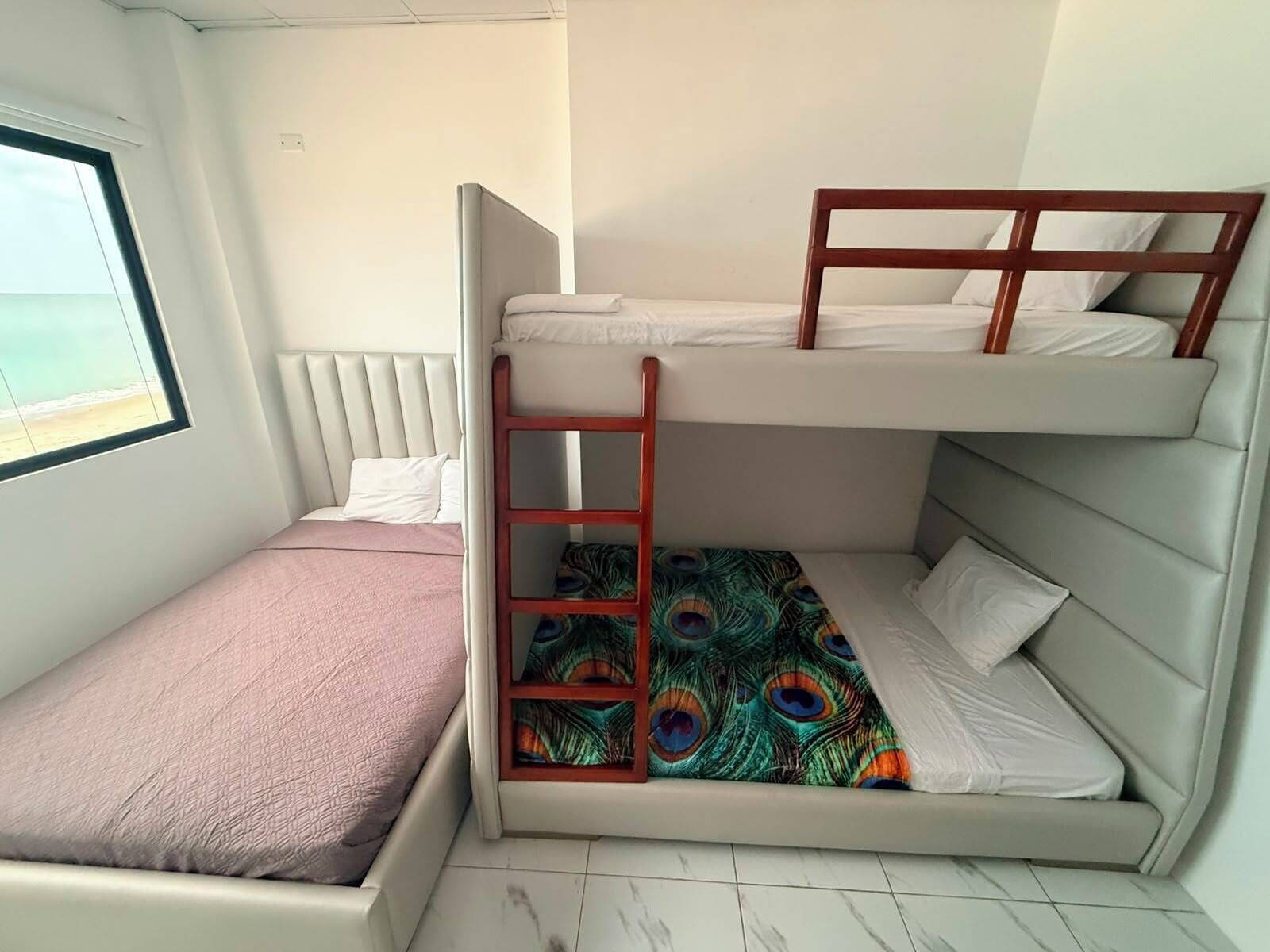A bunk bed room with a window, a peacock-patterned bedspread, and a ladder.