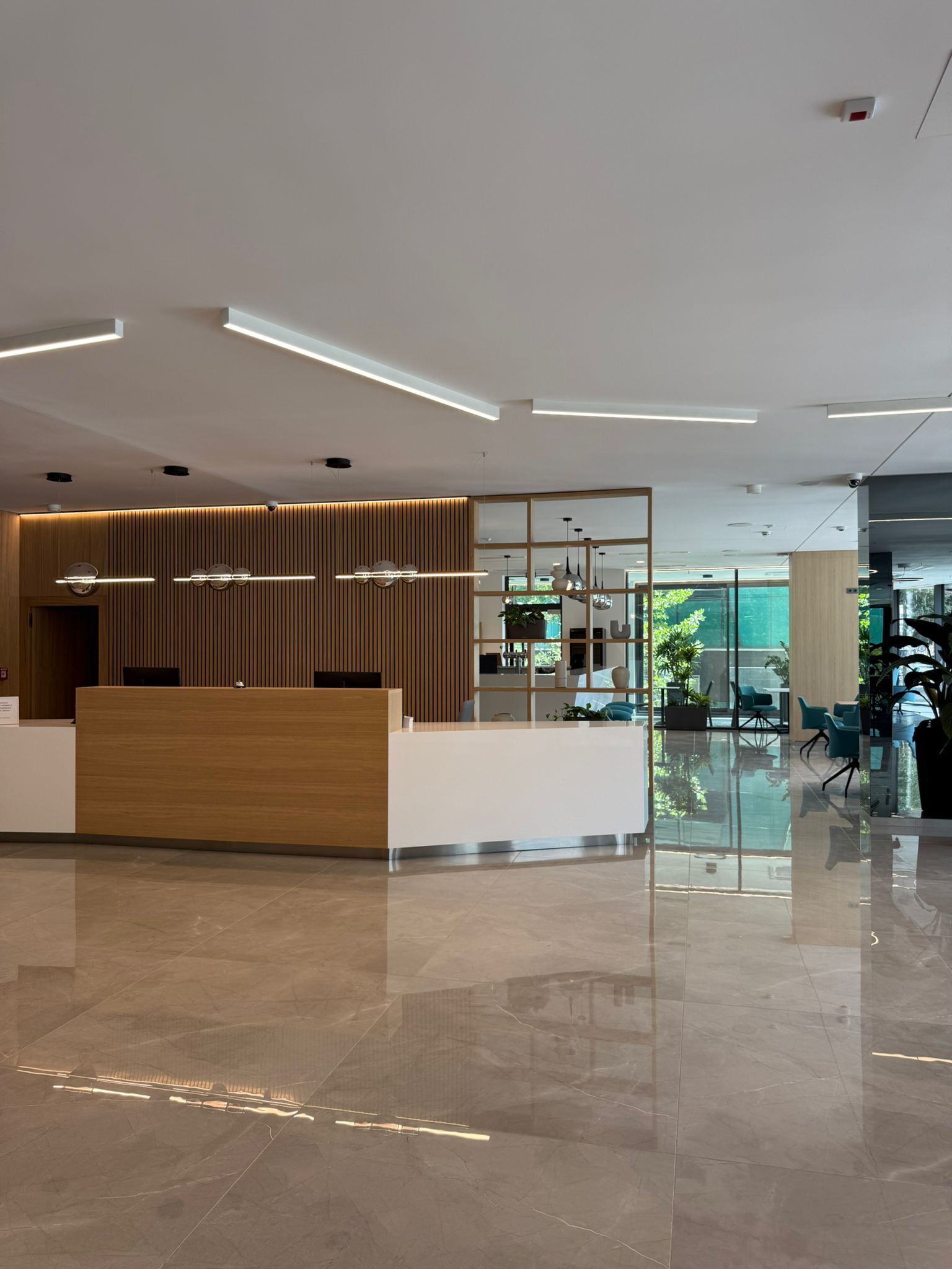 A modern reception area with a wooden reception desk, a glass partition, and a view of the outdoors.