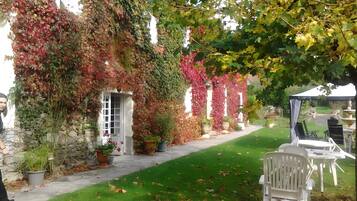 Un espace jardin agrémenté d’un muret en pierre, de plantes en pot et de mobilier d’extérieur.