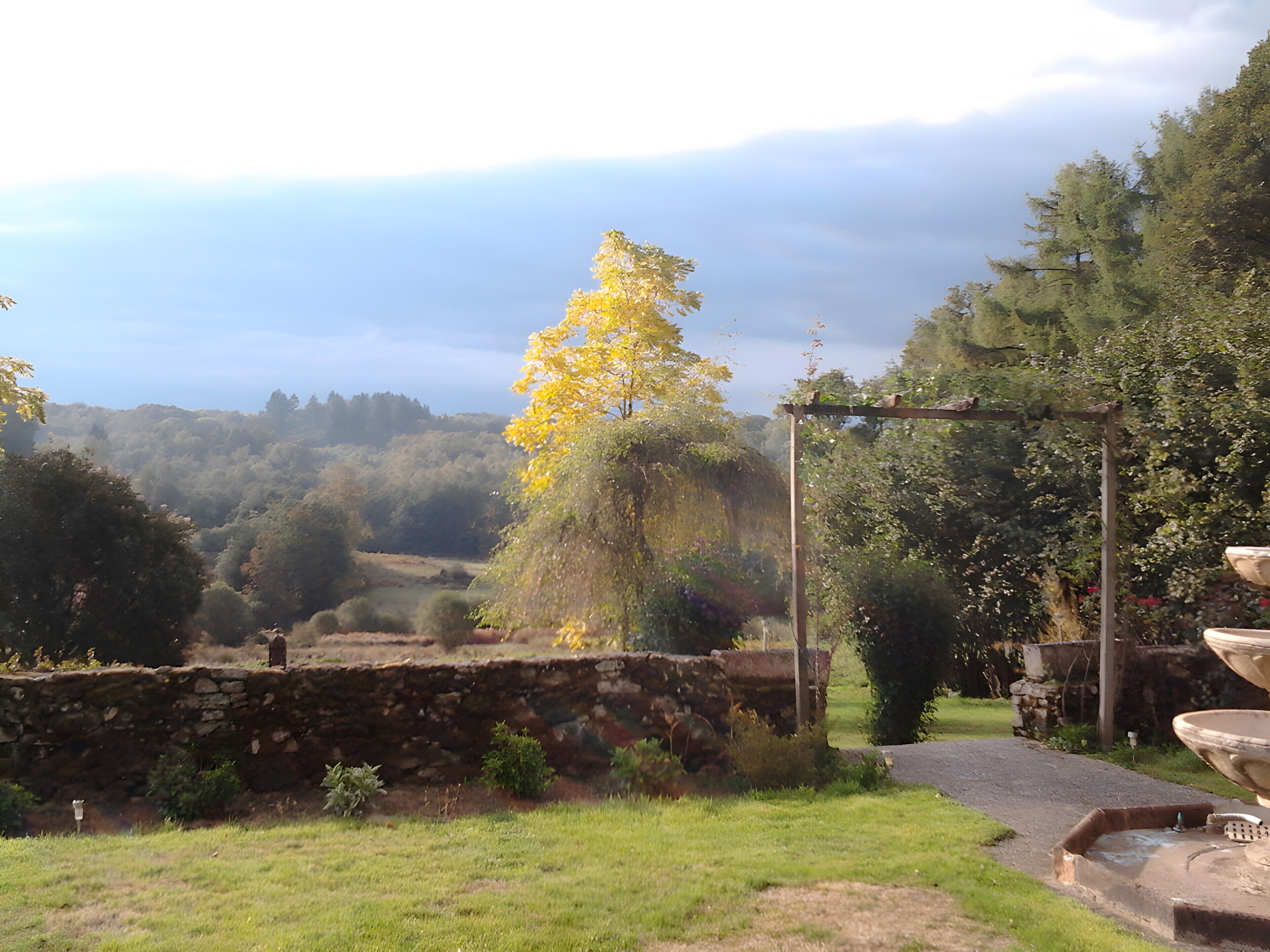 Un jardin avec un mur en pierre, un sentier et une pergola couverte de plantes grimpantes.