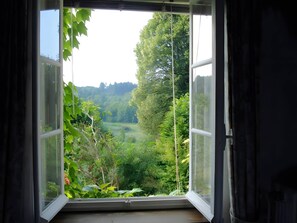 An open window with a view of a green landscape.