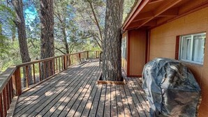 Une terrasse en bois dotée d’un barbecue couvert, entourée d’arbres, qui mène à un bâtiment avec une fenêtre.