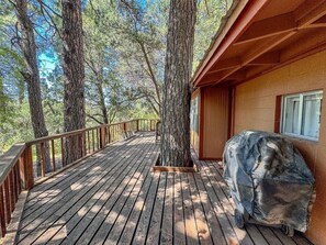 Una terrassa de fusta amb una barbacoa coberta, envoltada d'arbres, que dona a un edifici amb una finestra.