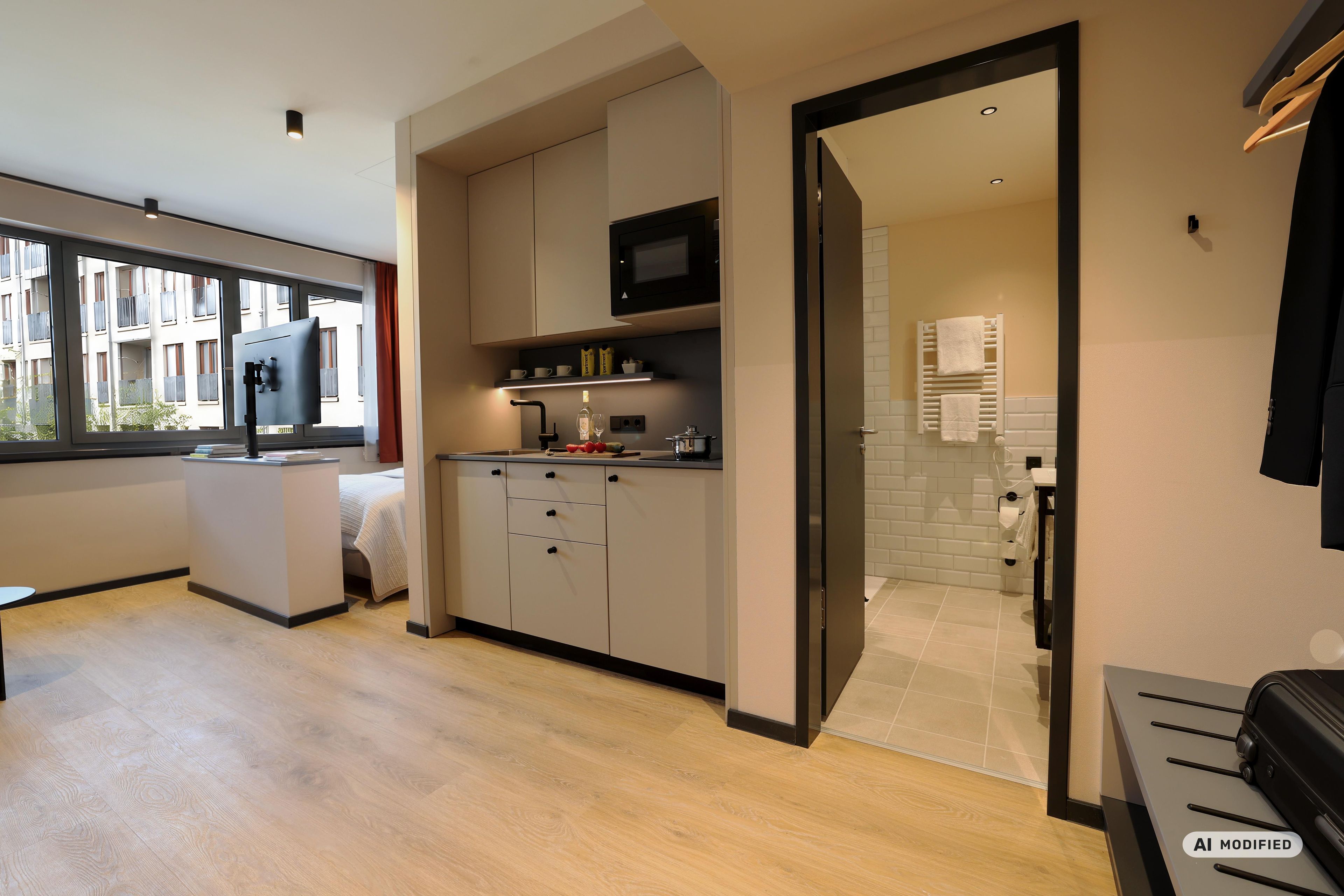 Una cocina moderna con microondas integrado, armarios y ventana con vistas a una zona residencial.