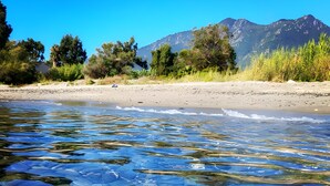 A clear river with rocks and a sandy beach with trees and mountains in the background.