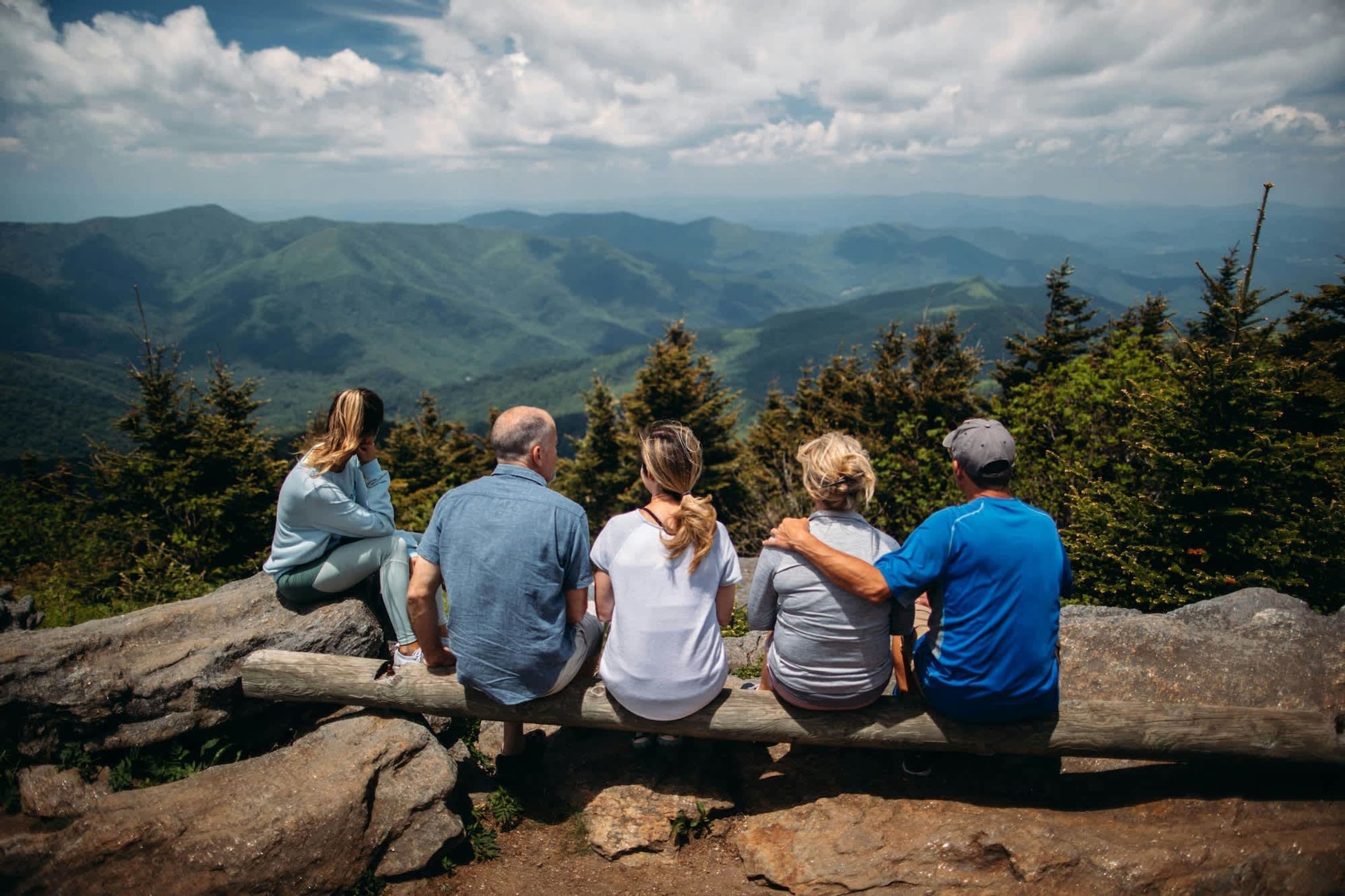 A group of people sitting on a log bench overlooking a mountainous landscape.