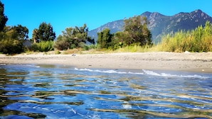 A clear river with rocks and a sandy beach with trees and mountains in the background.