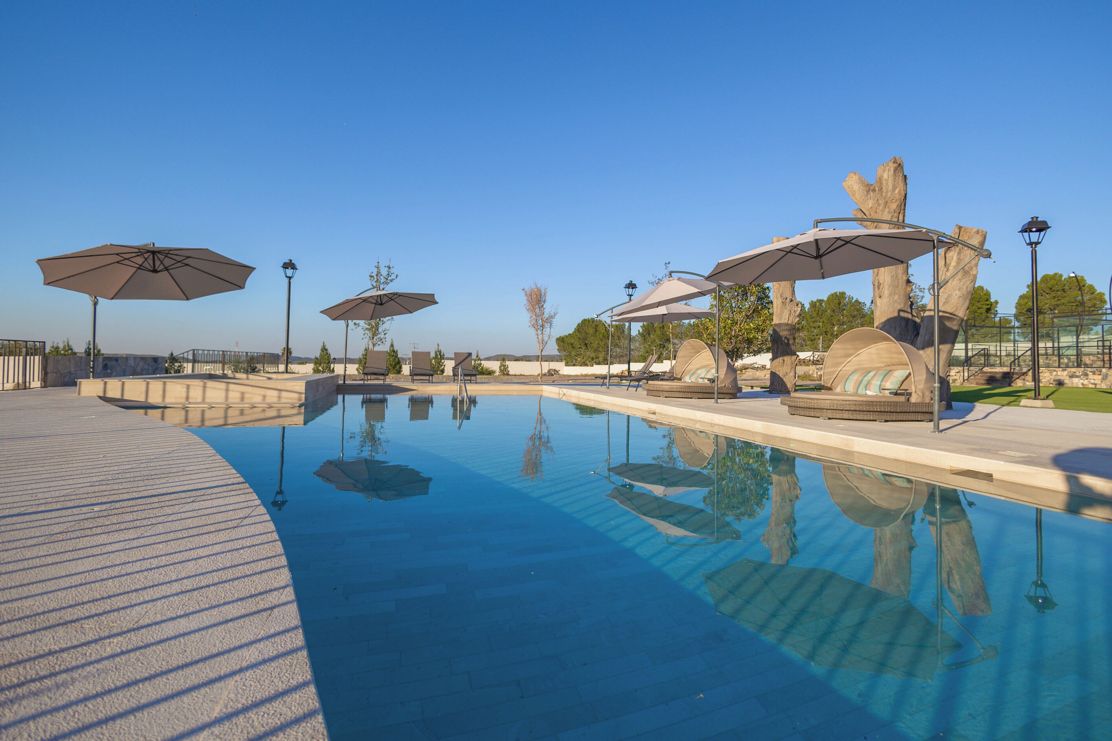 Una piscina con sillas de descanso y sombrillas, rodeada de árboles y un cielo despejado.