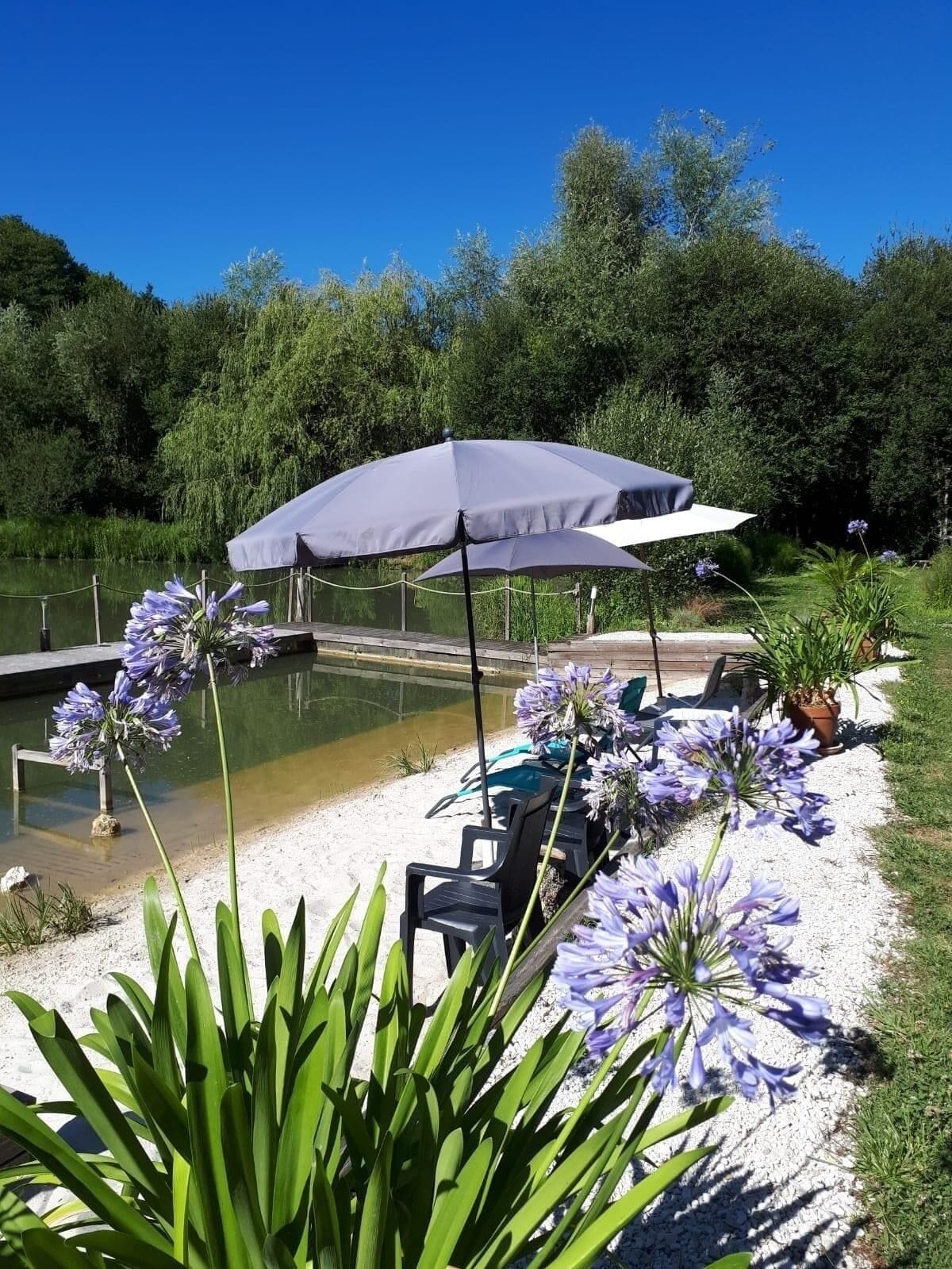 Ein Gartenbereich mit einem Wasserspiel, Sitzgelegenheiten im Freien und einem großen Sonnenschirm, der Schatten spendet.