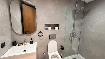 Un baño moderno con ducha, inodoro, lavamanos y espejo.