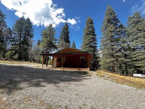 Une petite cabane dotée d’un porche, entourée de grands pins et surplombant un ciel dégagé.