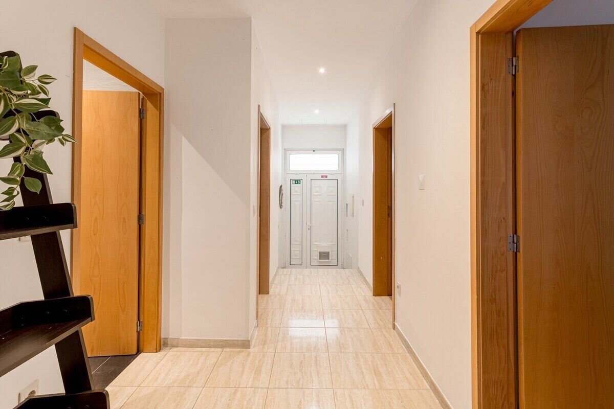 A hallway with wooden doors, a plant, and a tiled floor.