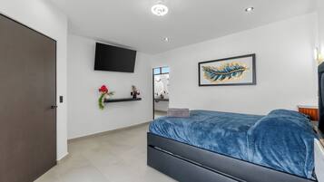 A modern bedroom with a bed, a mounted TV, a wall-mounted artwork, and a bathroom visible through a glass door.