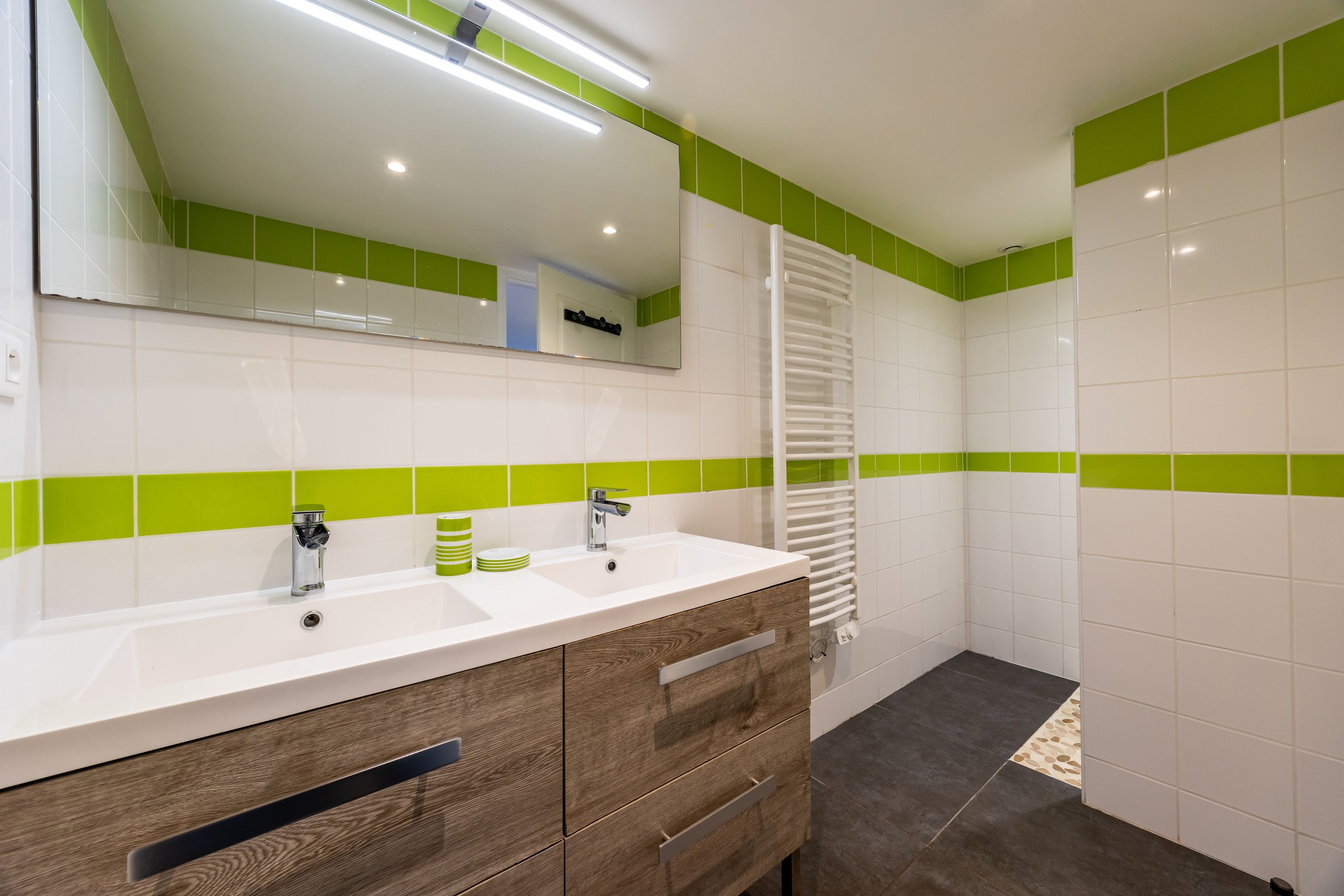 A bathroom with two sinks, a mirror, and a towel rack.