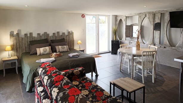 Un dormitorio con cama, mesitas de noche, un sofá, una zona de comedor con mesa y sillas, y una cocina con televisor.