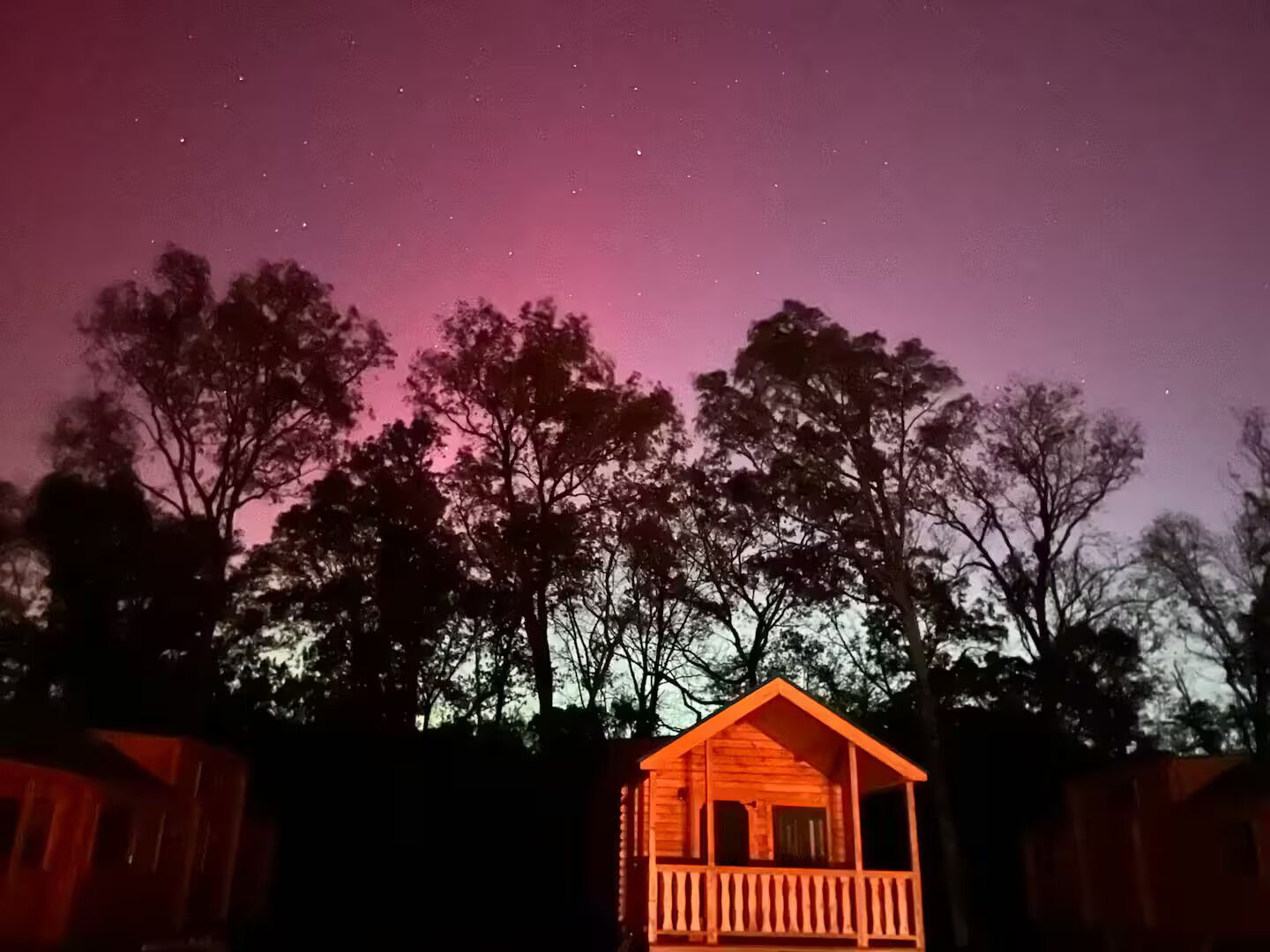 Una cabaña de madera con balcón, rodeada de árboles, bajo un cielo nocturno lleno de estrellas.