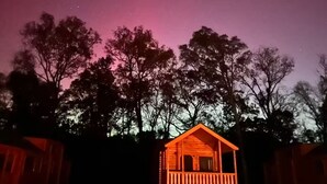 Une cabane en bois dotée d’un balcon, entourée d’arbres, sous un ciel étoilé.