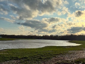 A body of water with grassy banks and a cloudy sky.