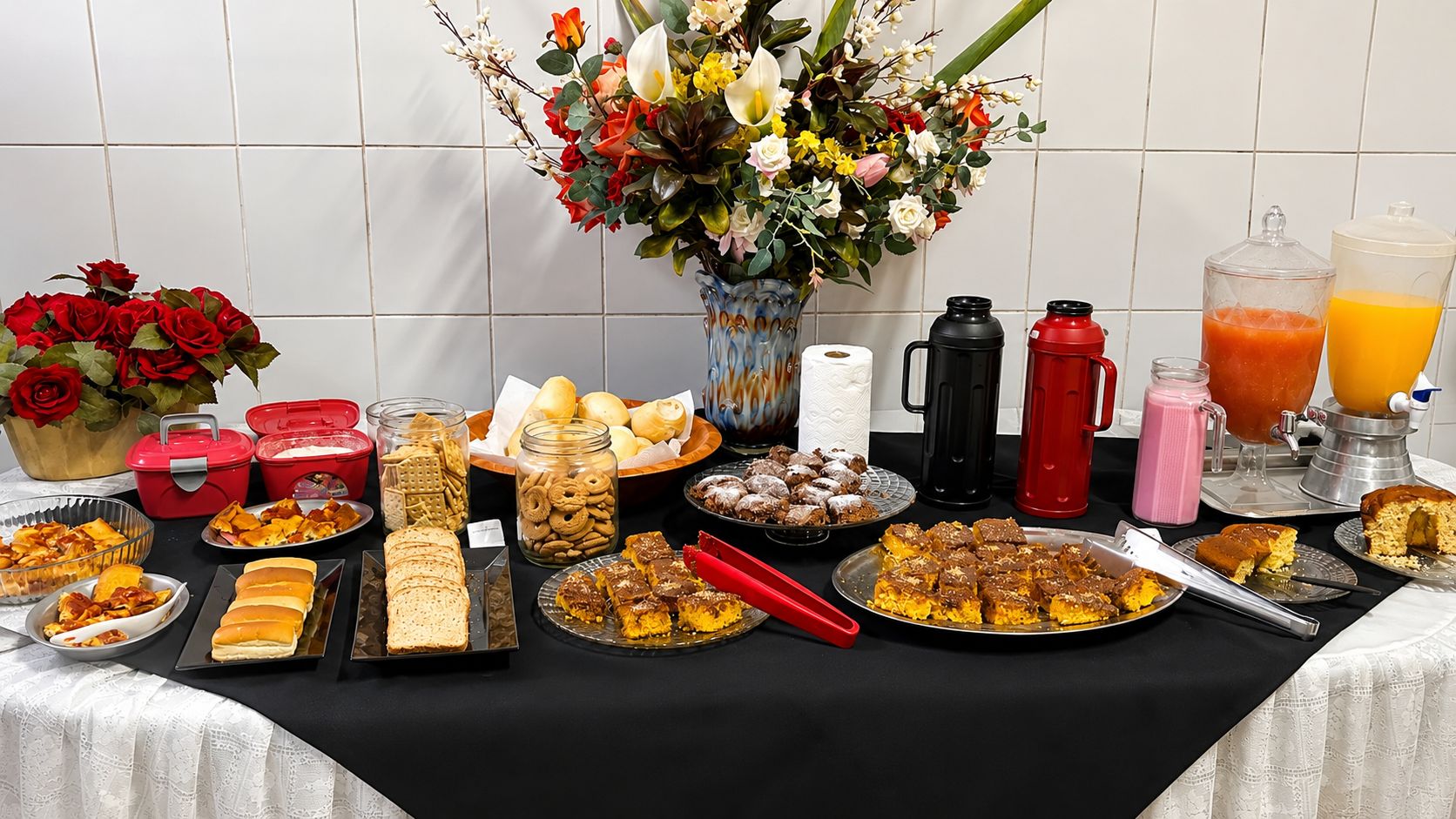 Mesa de buffet com diversos alimentos, um vaso de flores e dispensadores de bebidas.