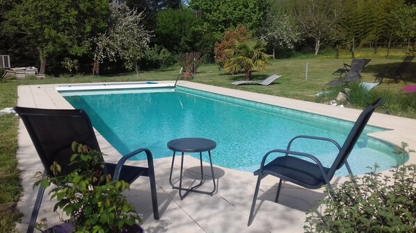 Ein rechteckiger Pool mit einer gefliesten Liegefläche, zwei Stühlen, einem kleinen runden Tisch und umgebender Bepflanzung.