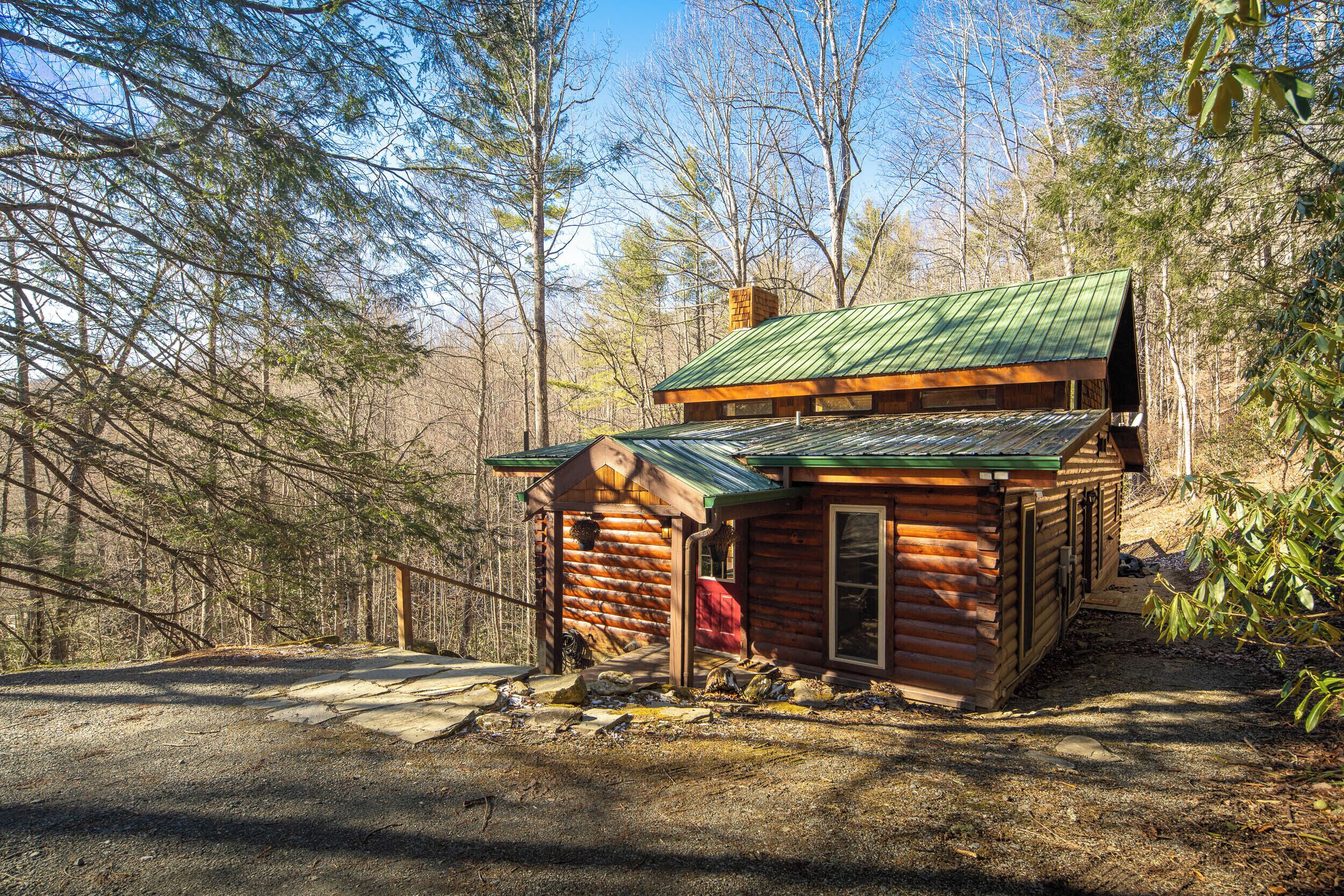 A rustic cabin with a green metal roof, surrounded by a forest.