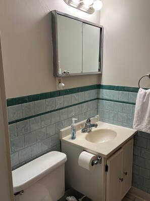 A bathroom with a toilet, sink, mirror, and towel rack. - Cozy 4-bedroom 2-bath home near KSU Stadium (Manhattan)