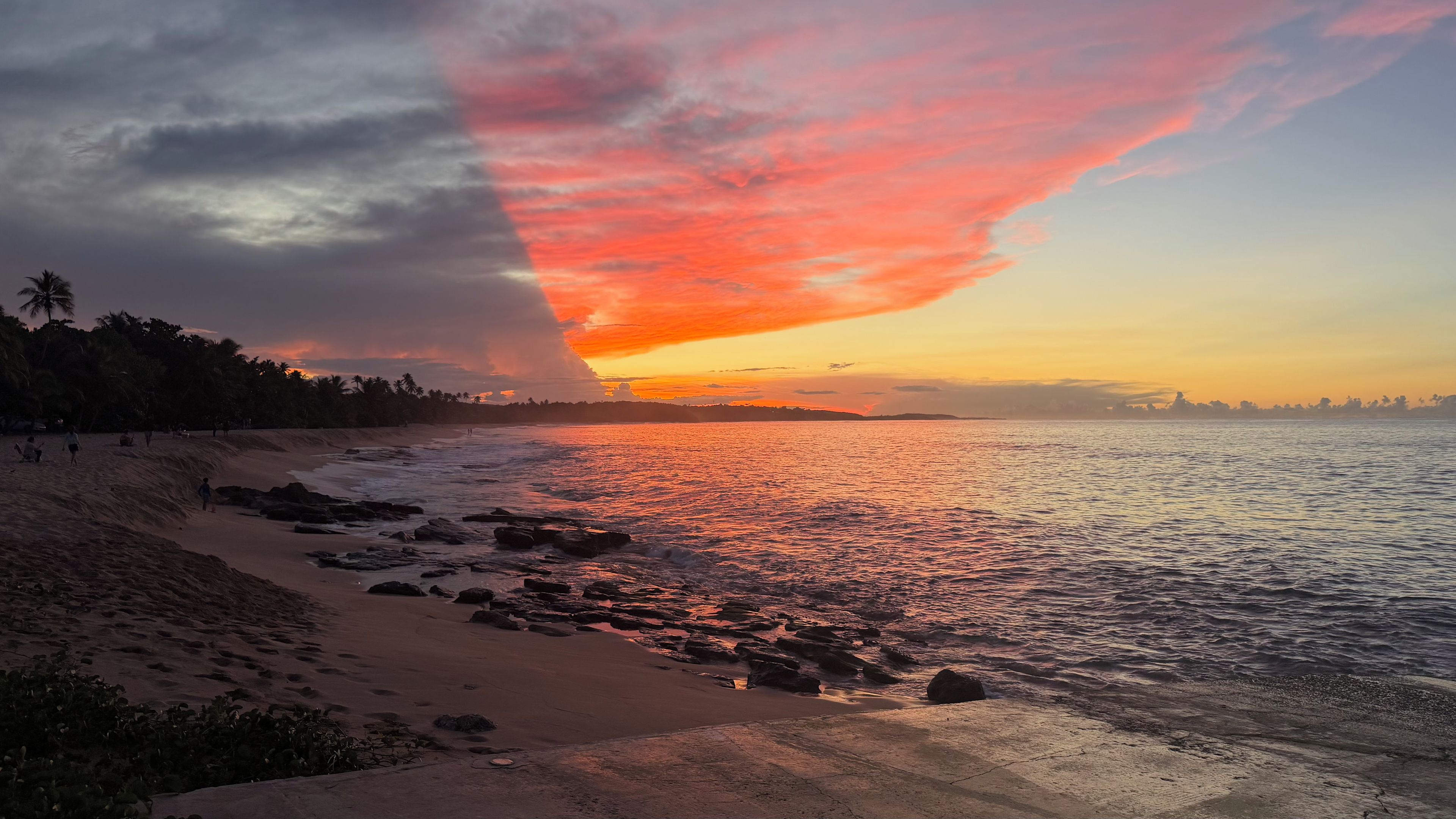 Une plage au coucher du soleil, avec des palmiers et un ciel dégagé.