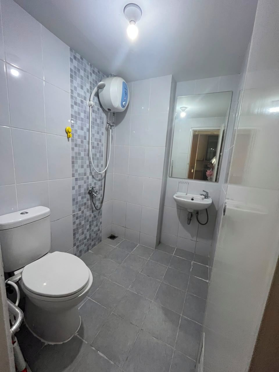 A bathroom with a toilet, a sink, and a shower.