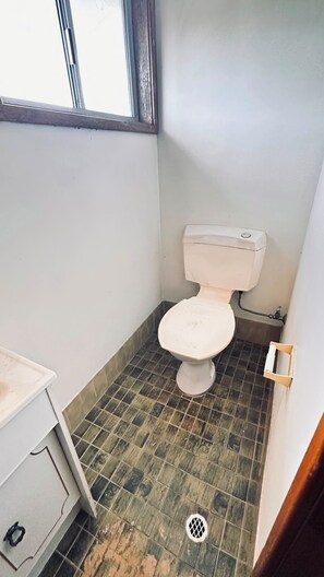 Pieni kylpyhuone, jossa on wc, pesuallas ja ikkuna.