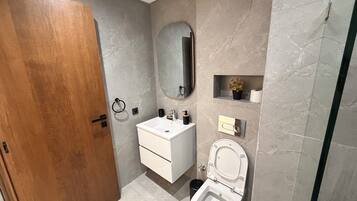 Un baño moderno con puerta de madera, un lavabo blanco, un inodoro y un espejo.
