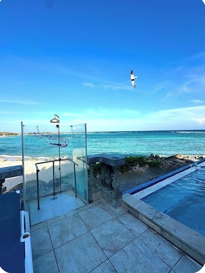 A clear view of the ocean with a sign for 'Rum Reef' and a bird flying. - New 3BR 2BA with 2 Sofa Bed Baby Beach getaway-sleeps 9 (San Nicolas)