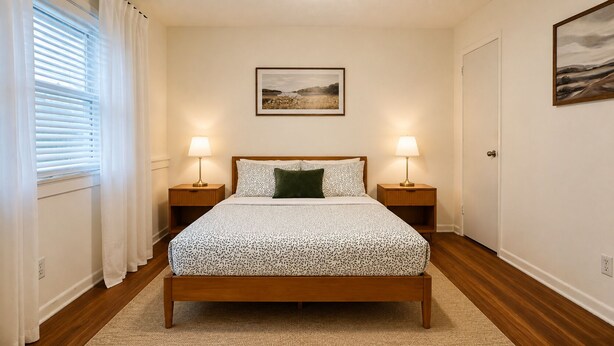 Quarto com cama, duas luminárias de cabeceira, um quadro na parede e uma janela com cortinas.