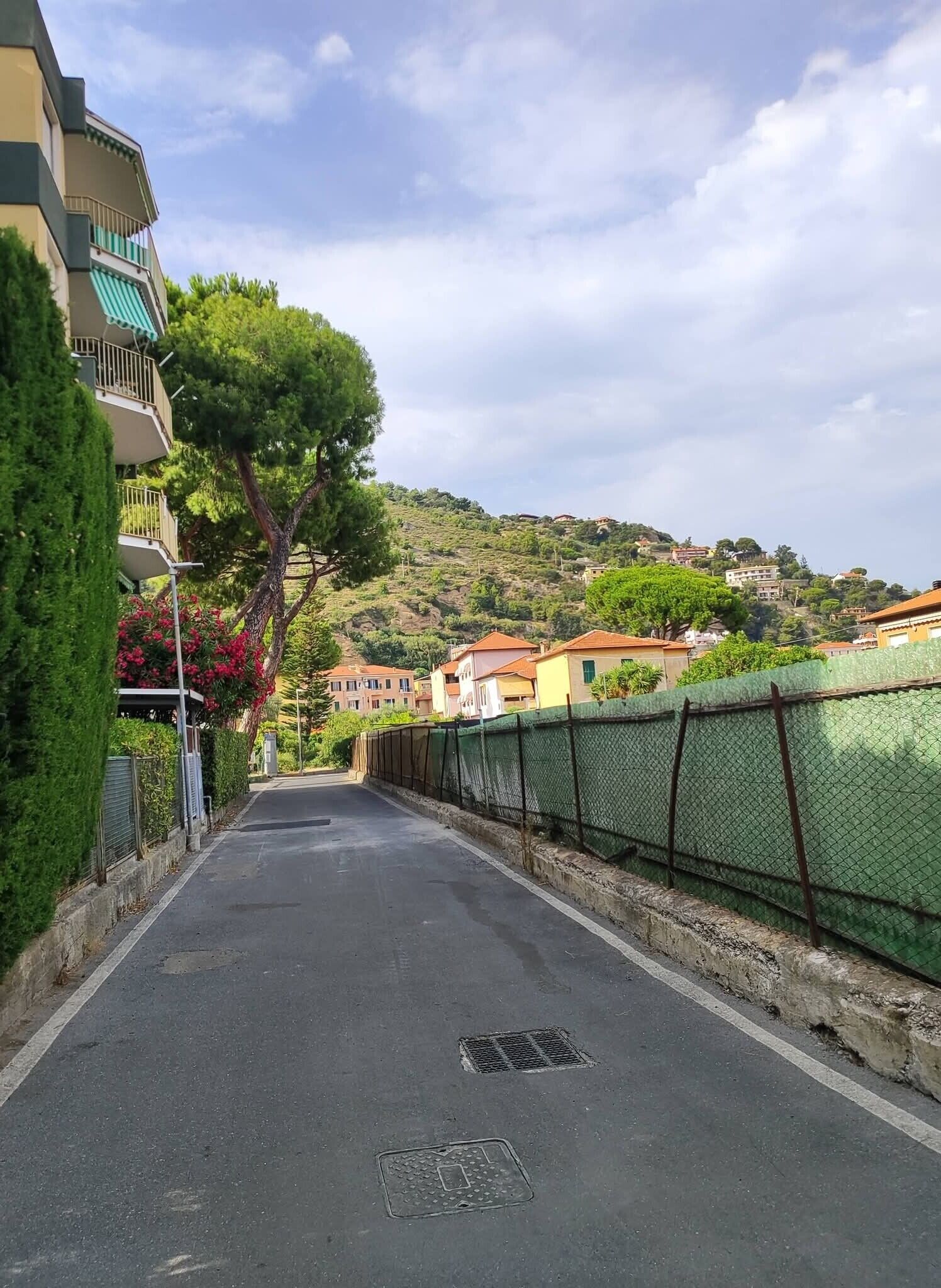 A residential street with houses, a green fence, and a clear sky.