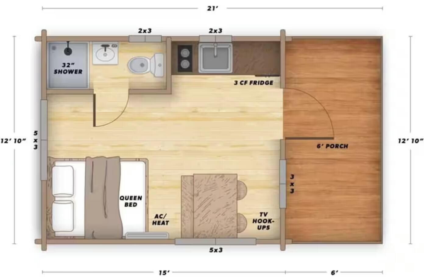 Et 4,6 meter langt og 6,1 meter bredt værelse med en 0,9 meter bred brusekabine, 91 liter køleskab, queensize seng, aircondition/varme, tv-tilslutninger og en 1,8 meter bred veranda.