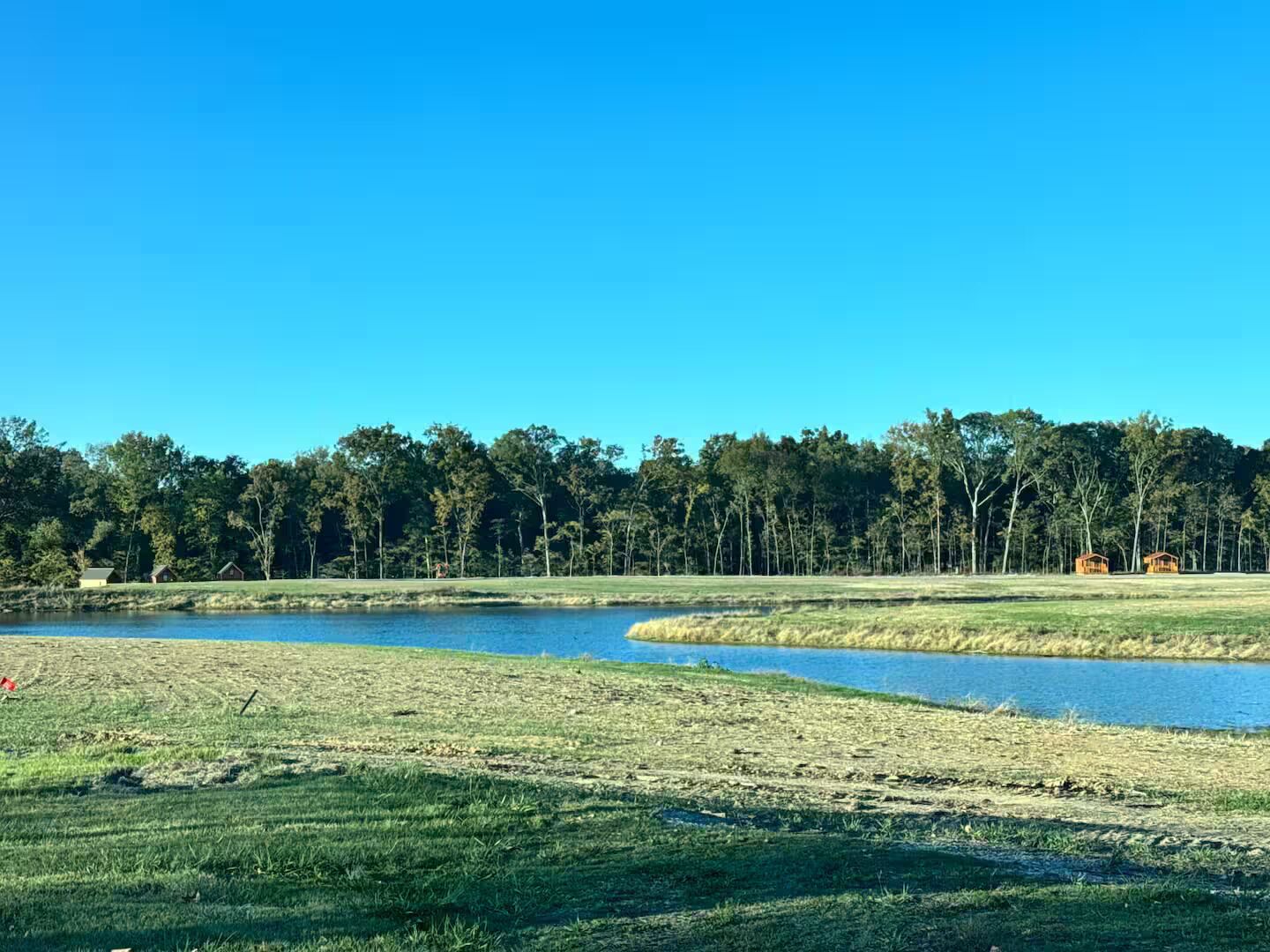 Une vue paisible sur un lac, avec un ciel dégagé, entourée d’une forêt dense et de quelques bâtiments.