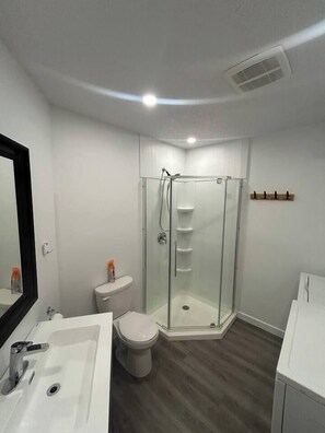 Ein modernes Badezimmer mit einer Duschkabine aus Glas, einem weißen Waschbecken und einer Toilette.
