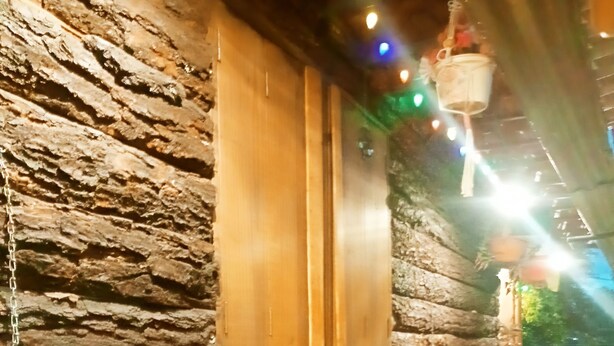 A log cabin with a wooden door and window, stone walls, and a stone pathway leading to a wooden deck.